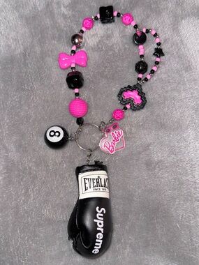 Y2K Scene Kandi Keychain Pink Black Barbie Supreme Boxing Glove Charm